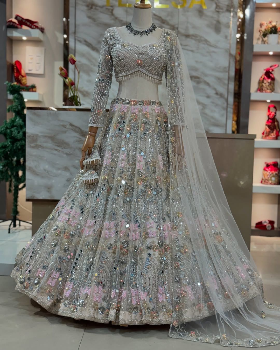 Flared Real Miirror Sequins Work Lehenga Fabric-Soft Net 